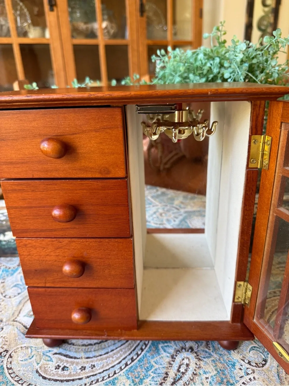 Wooden Tabletop Jewelry Box Armoire Cabinet 4 Drawer Mirrored Necklace Organizer